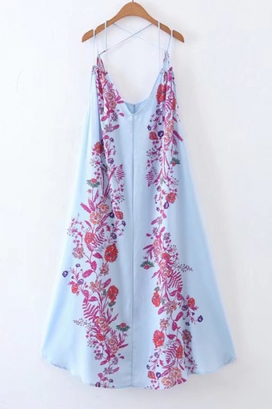 New Fashion Floral Printed Sleeveless Open Back Maxi Asymmetrical Slip Dress