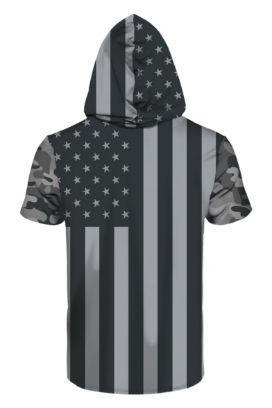 New Stylish Striped USA Flag Short Sleeve Hooded Tee