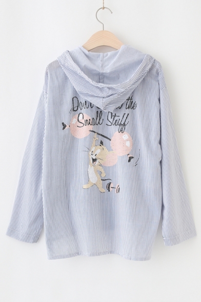 Striped Cartoon Letter Printed Hooded Long Sleeve Buttons Down Sun Coat