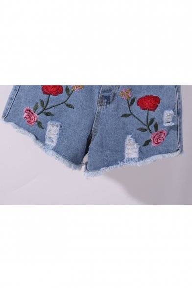 Two Pieces Embroidery Letter Floral Appliqued Short Sleeve Round Neck Tee with Denim Shorts