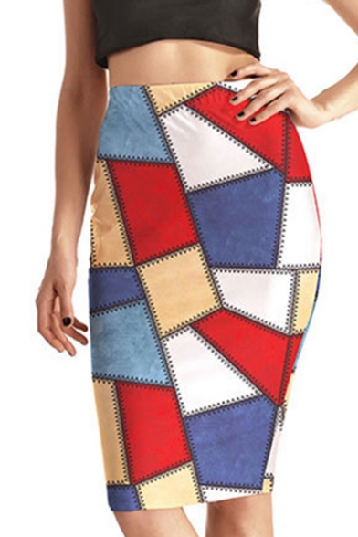 Women's Fashion Asymmetric Geometric Color Block Printed Midi Bodycon Skirt