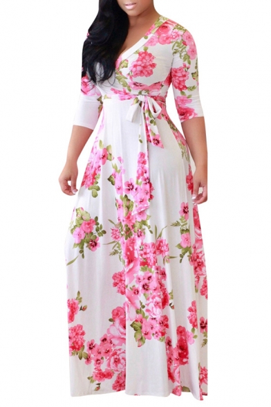 Chic Floral Printed 3/4 Sleeve Plunge Neck Maxi Wrap Dress
