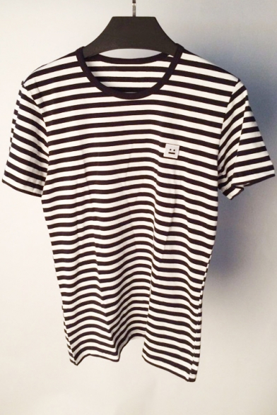 Classic Striped Printed Happy Face Badge Round Neck Short Sleeve Leisure T-Shirt