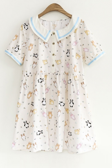 Collared Short Sleeve Fresh Cartoon Pattern Linen Loose Mini A-Line Dress