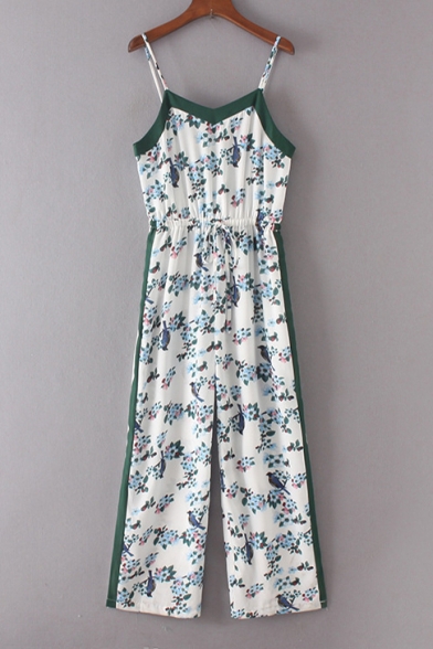 Floral Birds Pattern Spaghetti Straps Casual Loose Jumpsuits