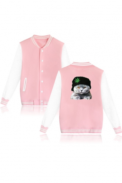 Funny Cartoon Cat Printed Striped Stand-Up Collar Contrast Long Sleeve Single Breasted Baseball Jacket