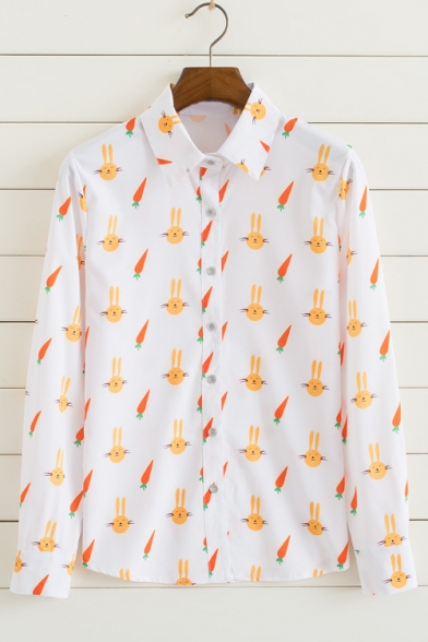 Funny Cartoon Rabbit Carrot Printed Long Sleeve Lapel Single Breasted Shirt
