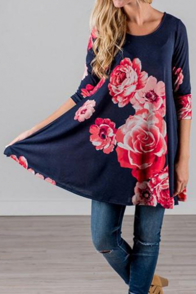 Hot Fashion Retro Floral Printed Round Neck Loose Oversize T-Shirt