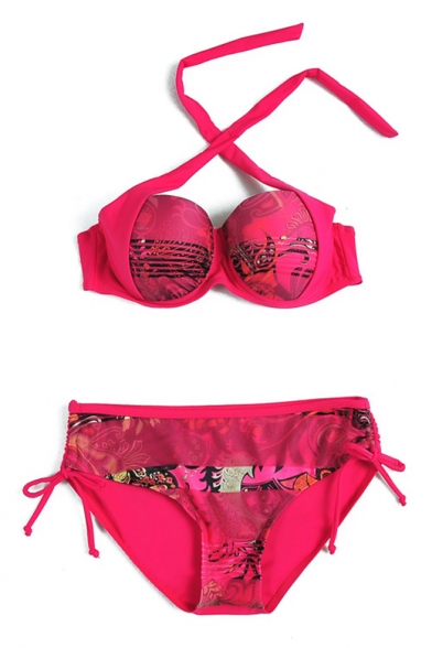 New Arrival Halter Neck Top String Side Bottom Printed Bikini Swimwear