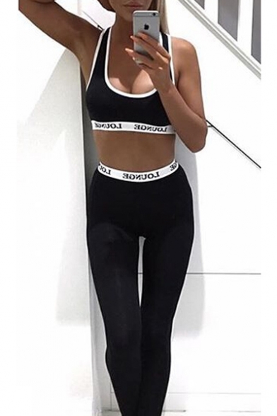 New Arrival Simple Letter Printed Cropped Tank Tee with Skinny Sports Pants