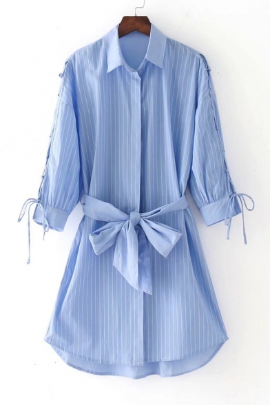 New Arrival Striped Crisscross Lace Up Long Sleeve Belt Waist Single Breasted Mini Shirt Dress