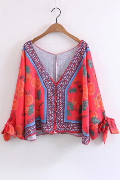Tribal Printed Long Sleeve Bow Cuff Plunge Neck Buttons Down Sun Protection Coat