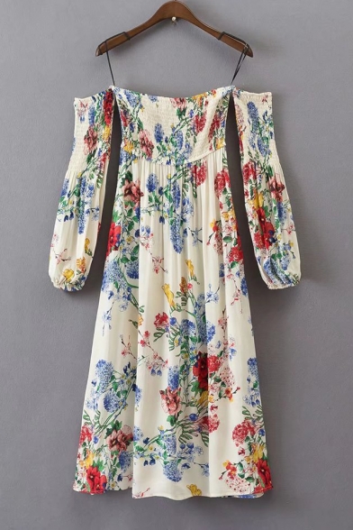 Chic Floral Pattern Long Sleeve Cold Shoulder Midi A-Line Dress