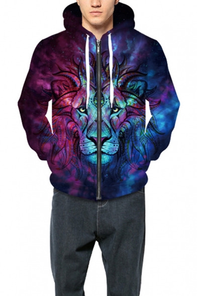 Color Block Lion 3D Printed Drawstring Hooded Long Sleeve Zip Up Hoodie Sweatshirt
