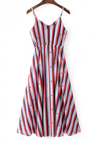 Colorful Striped Printed Spaghetti Straps Sleeveless Midi A-Line Slip Dress