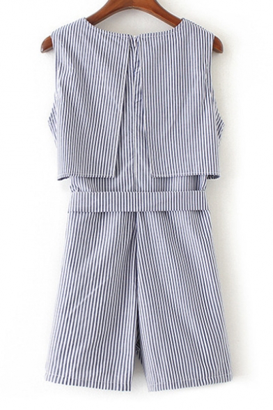 Fake Two-Piece Round Neck Sleeveless Striped Printed Tie Waist Casual Rompers