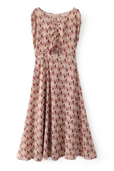 Fashion Geometric Printed Sleeveless Round Neck Zip Side Belt Waist Midi Dress