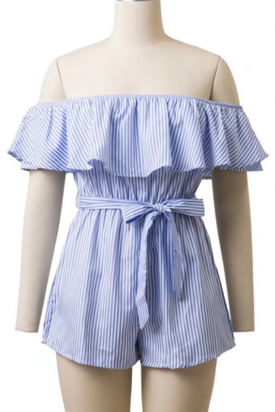 Fashion Striped Ruffle Front Short Sleeve Off the Shoulder Belt Waist Rompers