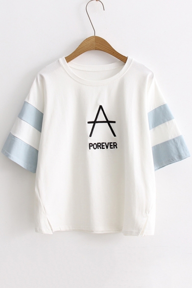 Letter Embroidered Color Block Round Neck Short Sleeve Pullover T-Shirt