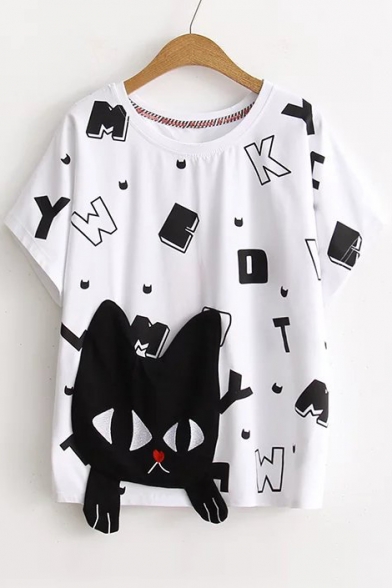 Lovely Cartoon Cat Printed Round Neck Short Sleeve Loose Leisure T-Shirt