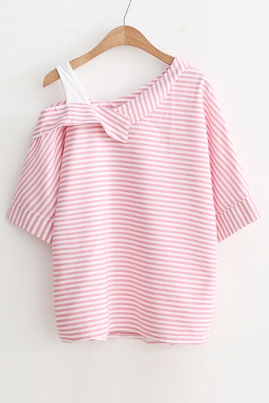 New Arrival Cold Shoulder Batwing Half Sleeve Striped Blouse