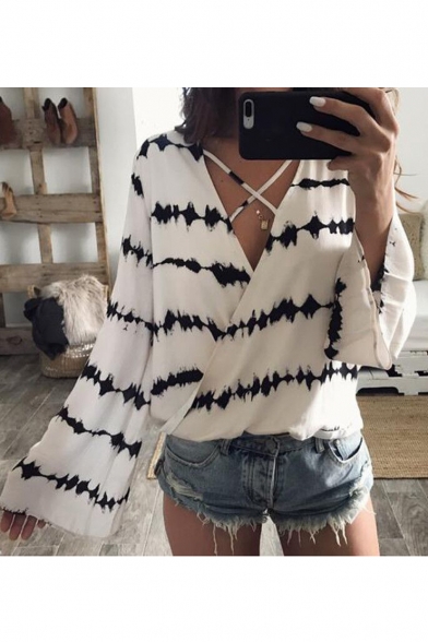 New Arrival Fashion Wrap Plunge Neck Long Sleeve Printed Chiffon Blouse