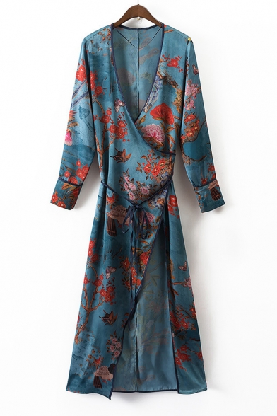 New Fashion Floral Print Long Sleeve Plunge Neck A-Line Maxi Wrap Dress