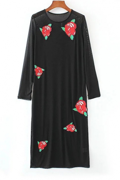 Round Neck Long Sleeve Chic Floral Embroidered Midi Shift Dress
