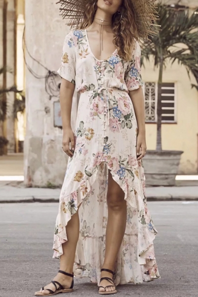 Summer's Fashion Floral Printed Plunge Neck Short Sleeve Beach High Low Asymmetrical Dress