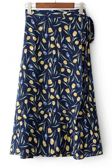 Summer's Fresh Floral Printed Tie Side Chiffon Midi Wrap Skirt