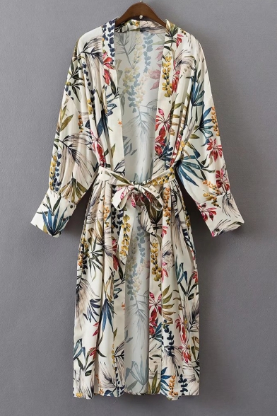 Women's Open Front Long Sleeve Belt Waist Floral Printed Tunic Kimonos