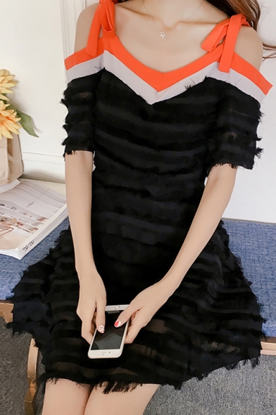 Bow Straps Cold Shoulder Short Sleeve Tassel Embellished Mini A-Line Dress