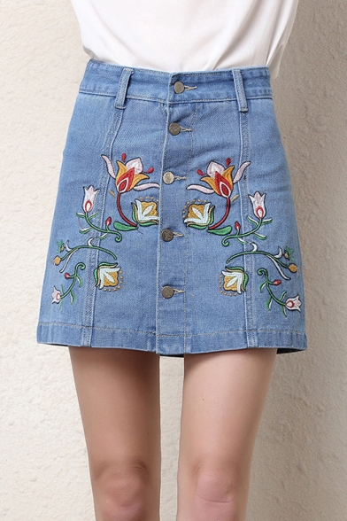 Chic Floral Embroidered Buttons Down A-Line Mini Denim Skirt