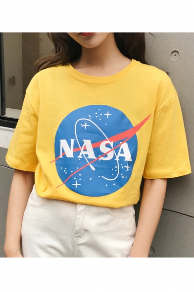 Fashion NASA Graphic Printed Tee with Short Sleeve Round Neck