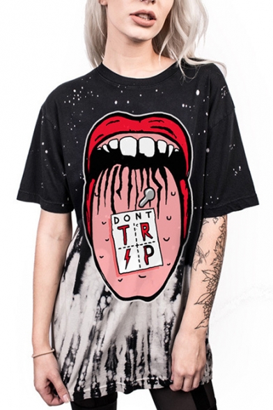 Hot Fashion 3D Red Lip Printed Short Sleeve Round Neck Loose T-Shirt