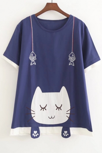 Lovely Cat Fish Printed Round Neck Short Sleeve Pullover Loose Tee