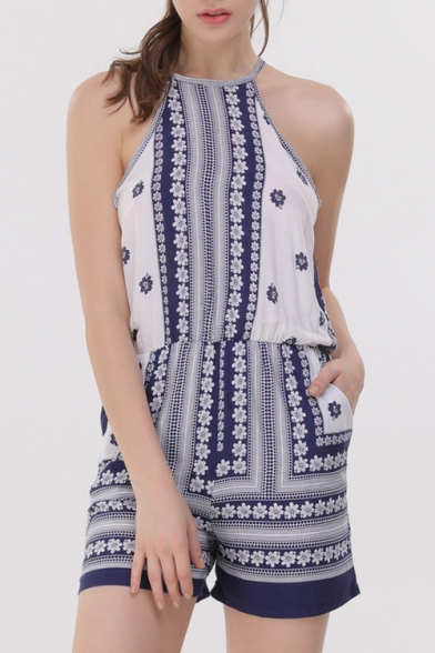 New Arrival Chic Tribal Printed Halter Neck Sleeveless Beach Loose Rompers