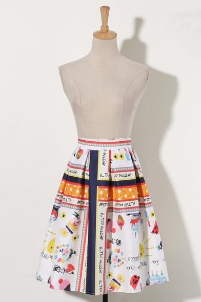 New Fashion Cartoon Graffiti Printed A-Line Midi Skirt