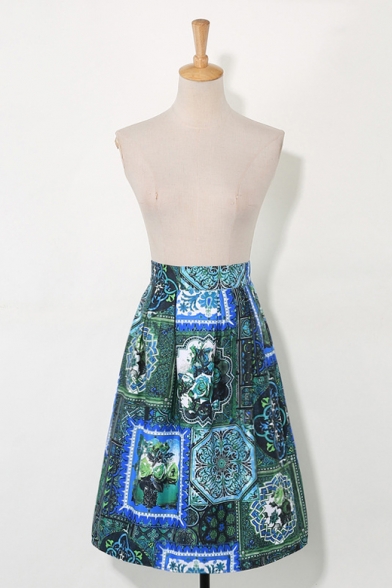 New Fashion Retro Floral Printed High Rise Midi A-Line Flared Skirt