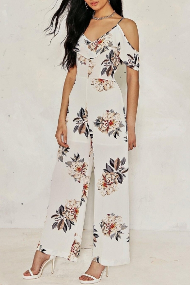 Spaghetti Straps Cold Shoulder Short Sleeve Floral Printed Wide Legs Jumpsuits