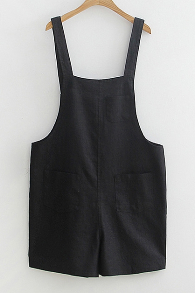 Casual Leisure Straps Sleeveless Linen Plain Overalls with Pockets