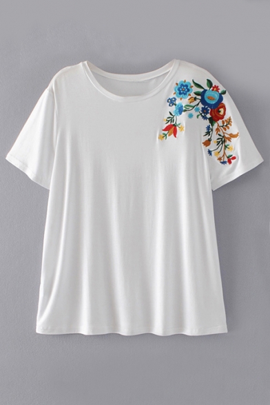 Chic Floral Embroidered Round Neck Short Sleeve Comfort Pullover Tee