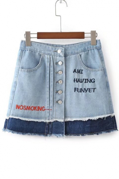 Chic Letter Embroidered Color Block Buttons Down Mini A-Line Denim Skirt