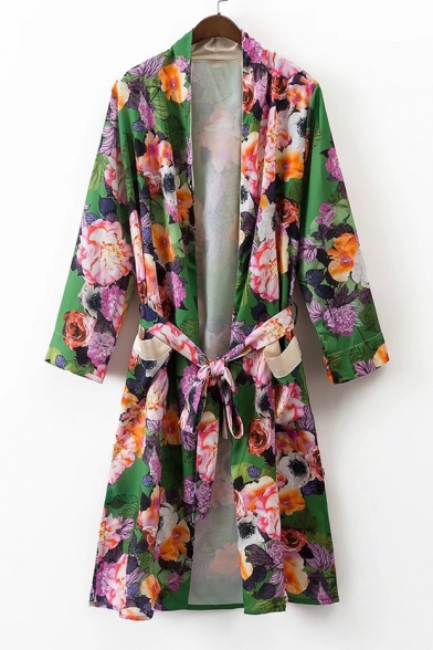 Fashion Floral Color Block Printed Long Sleeve Belt Waist Cardigan Kimonos with Pockets