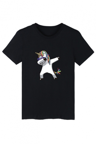 Funny Cartoon Unicorn Printed Round Neck Short Sleeve Pullover T-Shirt