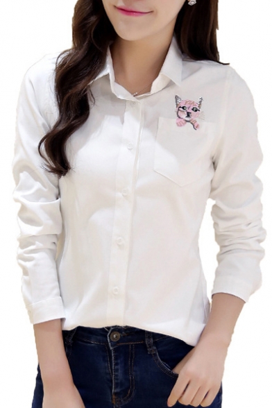 Lovely Embroidery Pocket Cat Pattern Long Sleeve Lapel Single Breasted Shirt