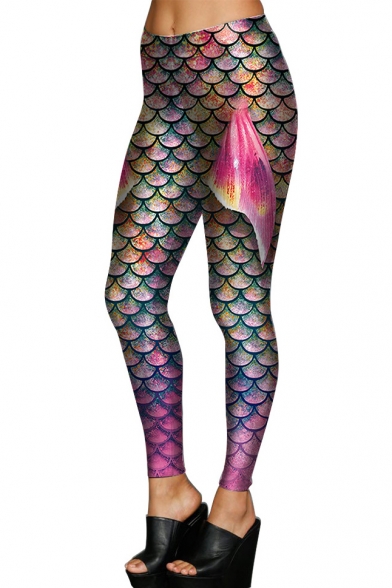 New Arrival Fashion Fish Scale Printed Elastic Waist Skinny Comfort Leggings
