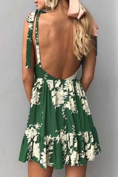 New Arrival Sexy Open Back Bow Straps Boho Style Floral Printed Mini A-Line Dress