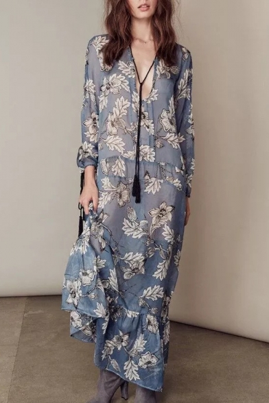 New Fashion Plunge Neck Long Sleeve Floral Printed Maxi Beach Dress