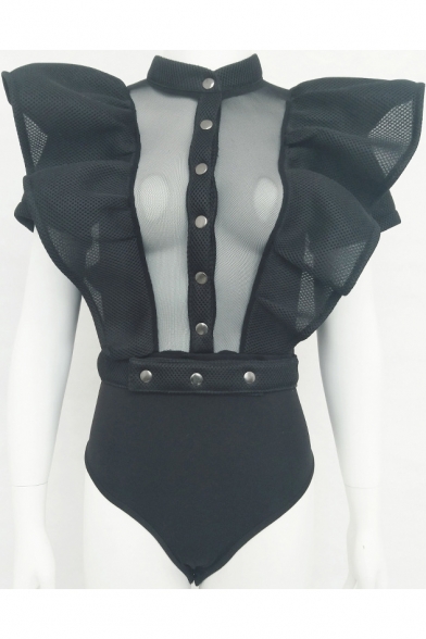 New Stylish Ruffle Sides Single Breasted Sleeveless Plain Bodysuit with Belt